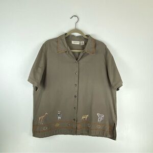 Lemon Grass 18/20 Button Up Linen Shirt Embroidered Jungle Short Sleeve Green